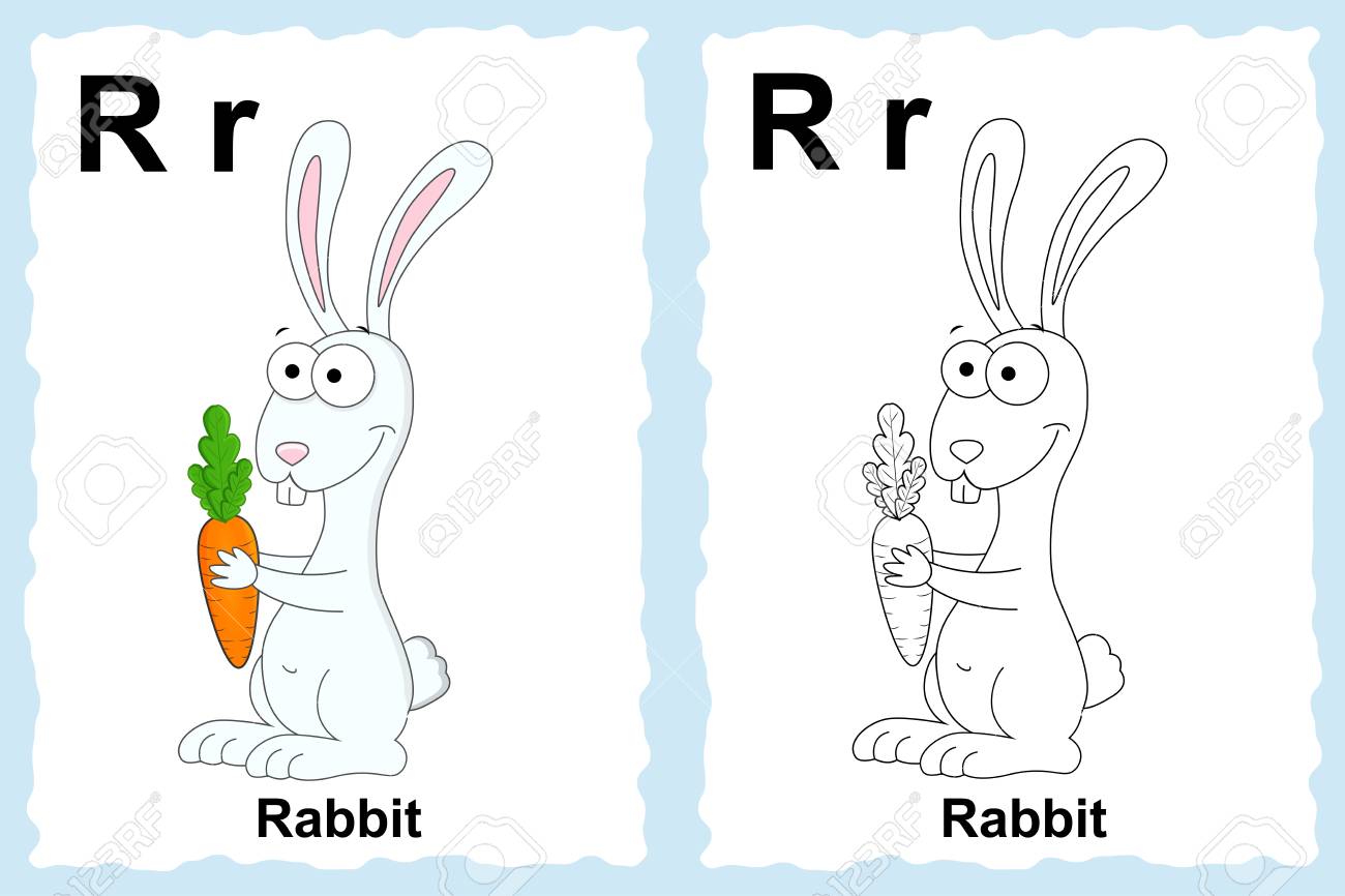 Alphabet coloring book page with outline clip art to color letter r rabbit vector animals royalty free svg cliparts vectors and stock illustration image
