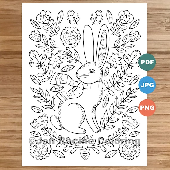 Woodland wonder coloring page rabbit floral scandinavian sweater hat cozy coloring coloring page for kids