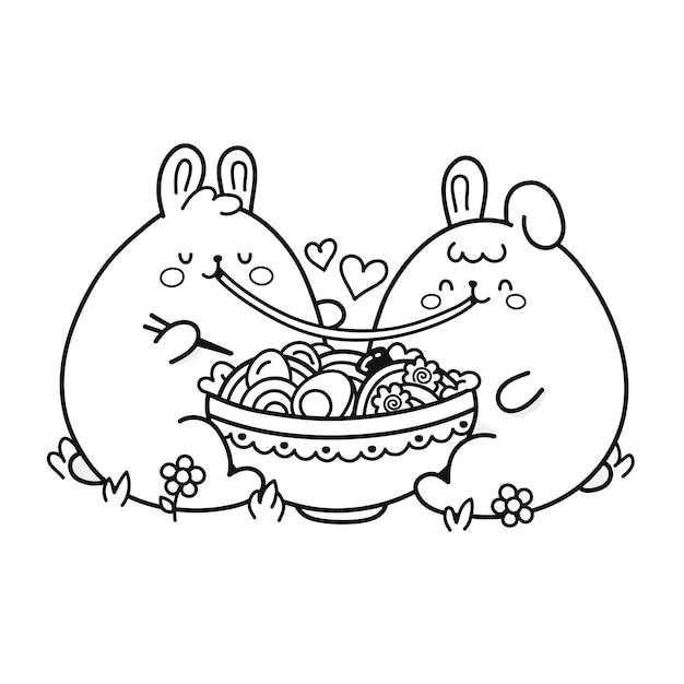 Premium vector cute happy funny rabbits couple eat ramen from bowl vector doodle coloring cartoon kawaii character illustration icon designbunny couple in love page for coloring book isolated on white background