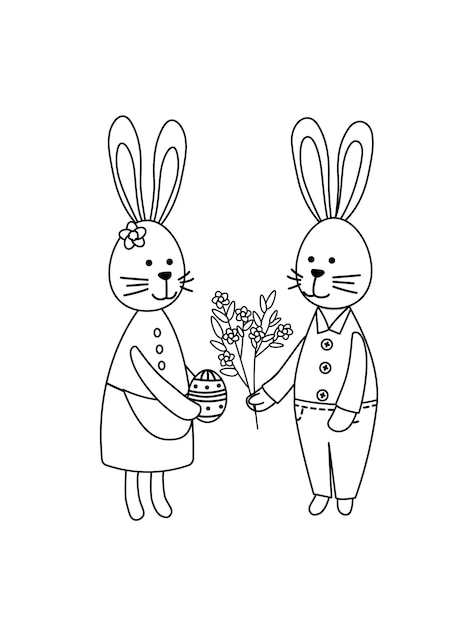 Premium vector couple of easter bunnies easter coloring page black and white rabbits vector