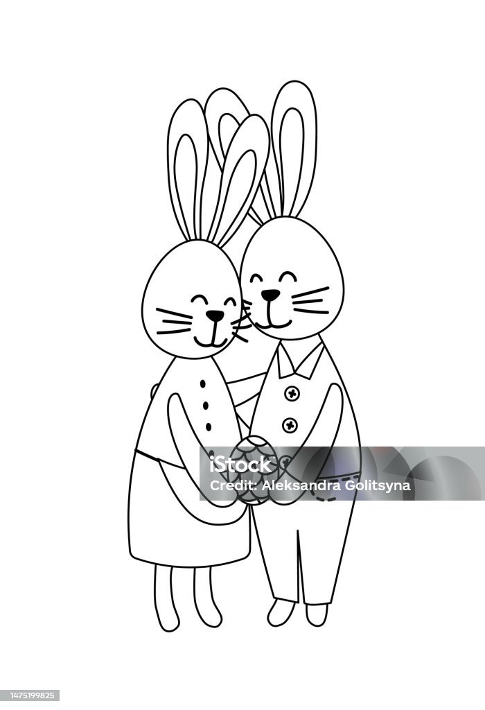 Couple of easter bunnies coloring page black and white easter rabbits vector stock illustration