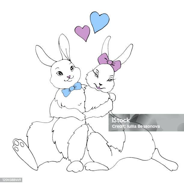 Cute hugging happy bunny rabbits hares symbol of love romance contour illustration for valentines day easter coloring book greeting card web outline hand drawn stock illustration