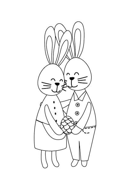 Premium vector couple of easter bunnies coloring page black and white easter rabbits vector