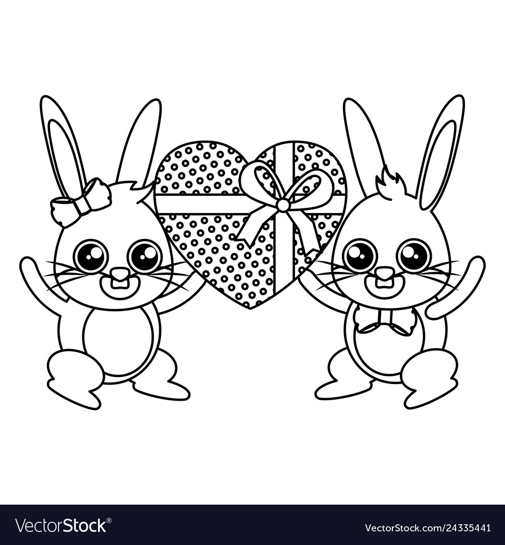 Beautiful rabbits couple with heart gift easter vector image