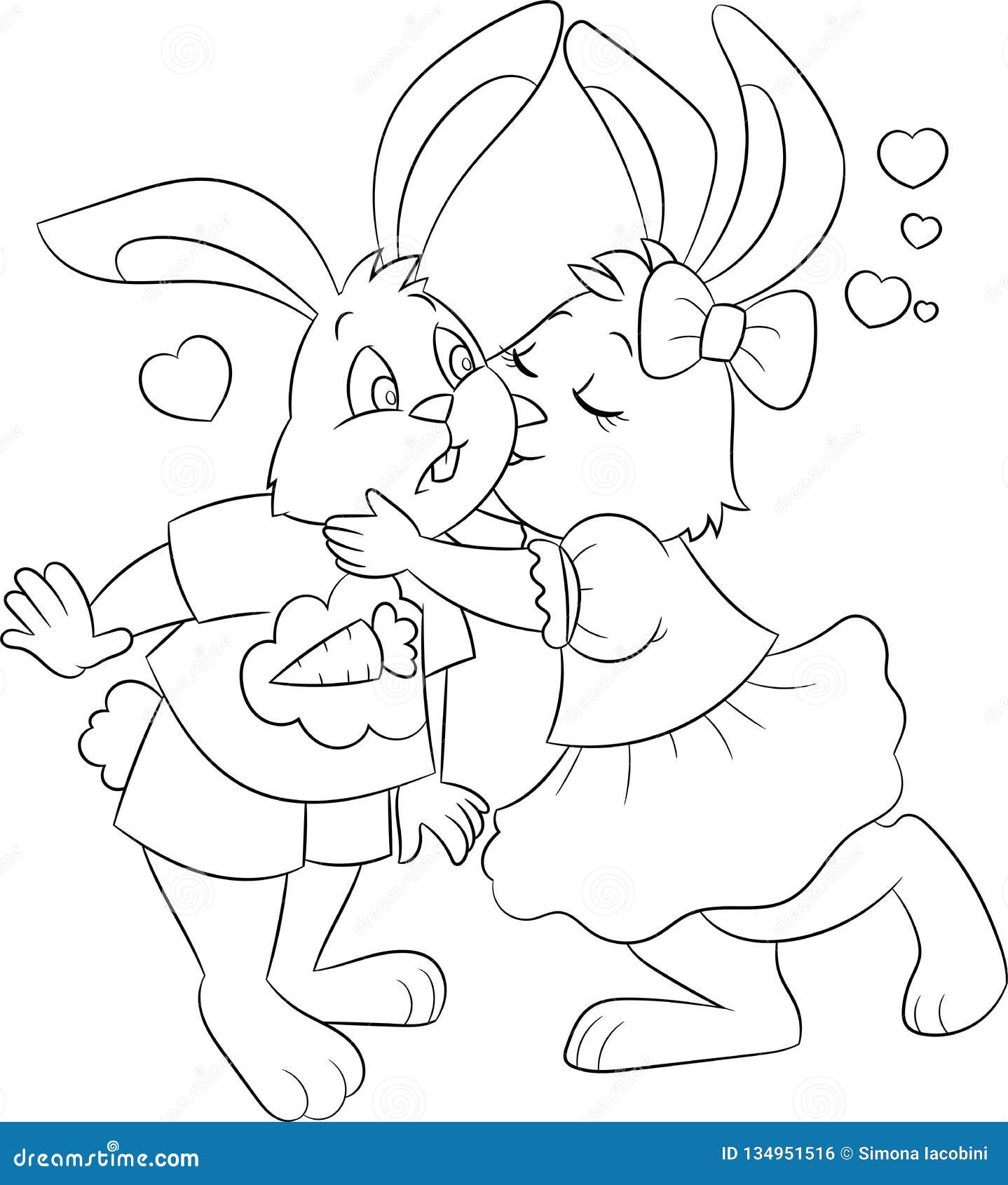 Black and white illustration of a couple of rabbits kissing with hearts in the air for childrens coloring book valentine stock vector