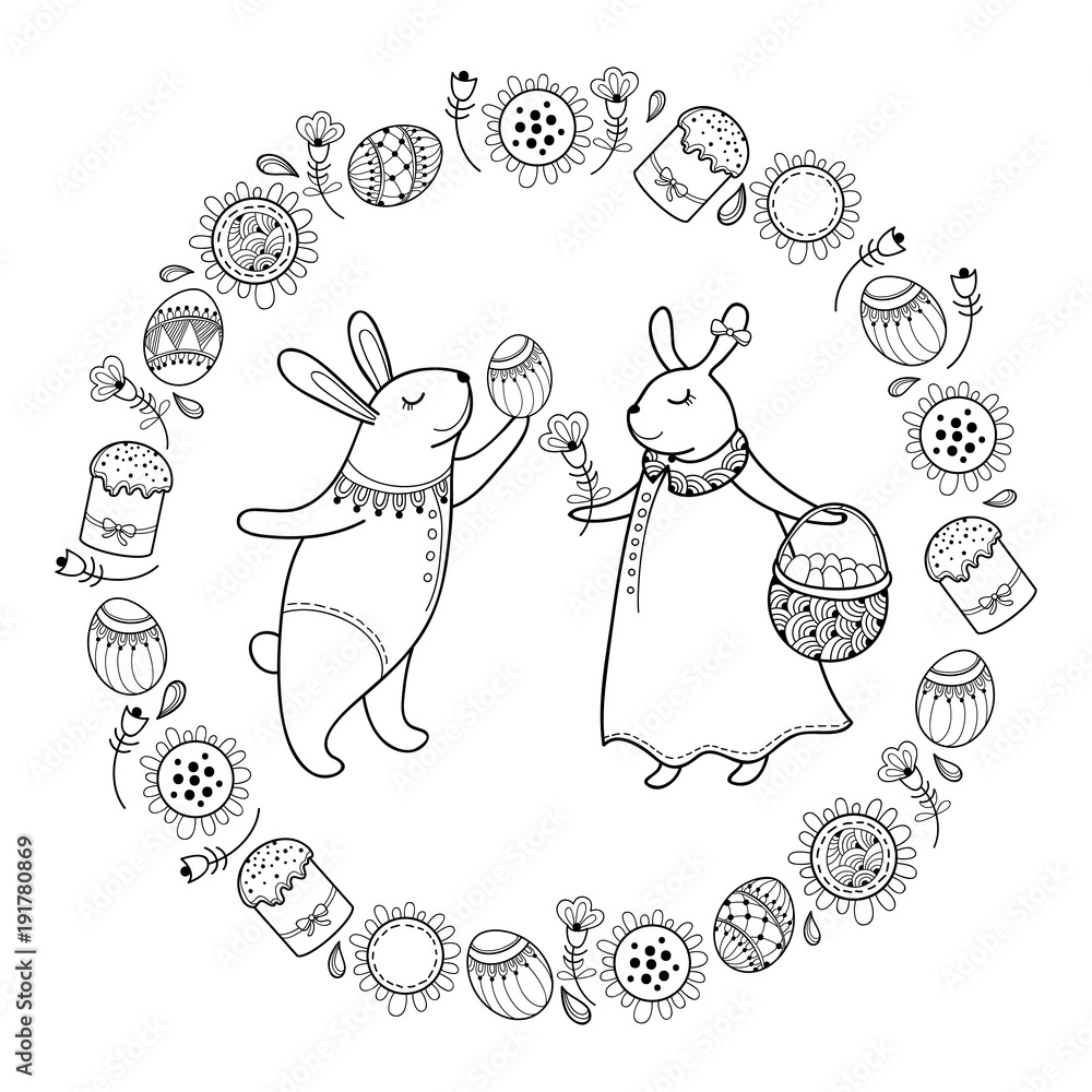 Vector happy easter card with outline easter rabbit couple egg cake and basket isolated on white background easter position with cute bunny in contour style for coloring book and greeting decor