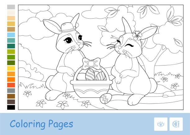 Colorless contour image of cute couple of easter rabbits with easter eggs in a basket and suggested palette wild animals preschool kids coloring book vector illustrations stock illustration