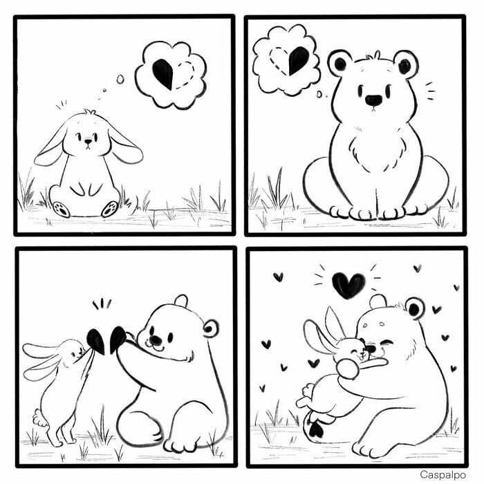 Artist creates sweet ics about a bunny and a bear in a relationship pics hug illustration bear illustration cartoon bunny