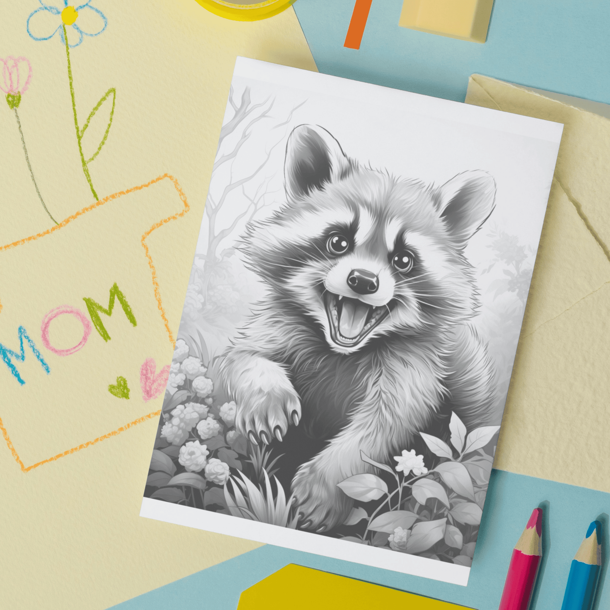 Pages realistic raccoon grayscale coloring book instant download â funny print for you