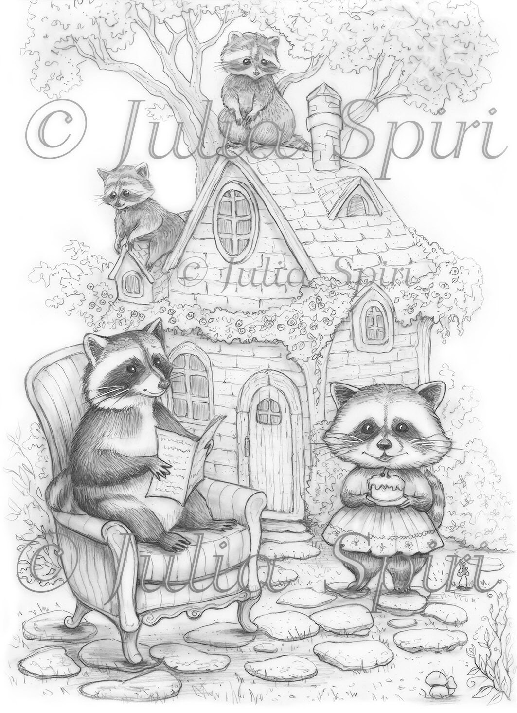 Grayscale coloring page fun animals raccoon family