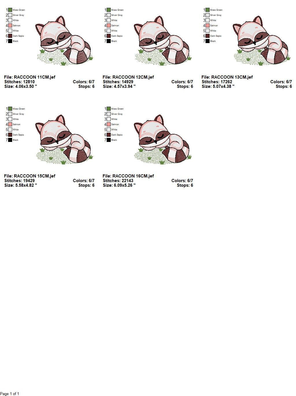 Sleeping raccoon embroidery designs