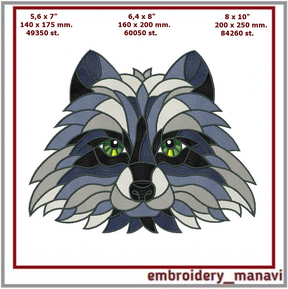 Raccoon art embroidery digital machine embroidery design