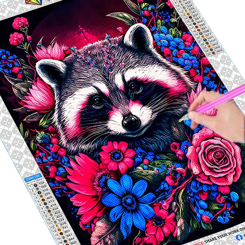 D diy diamond moaic animal raccoon painting flower embroidery et decoration living room cro titch handmade gift cuadro