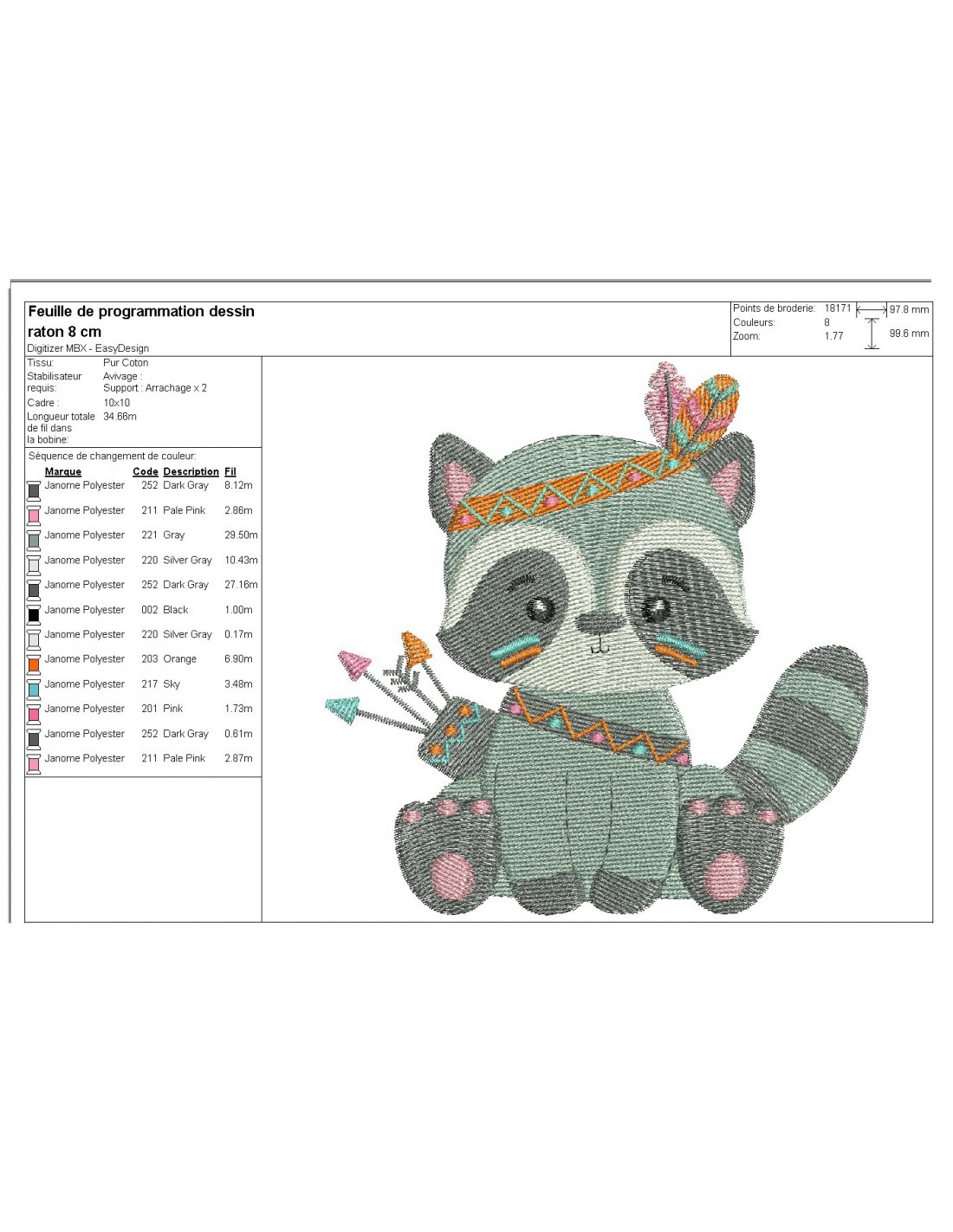 Machine embroidery design raccoon