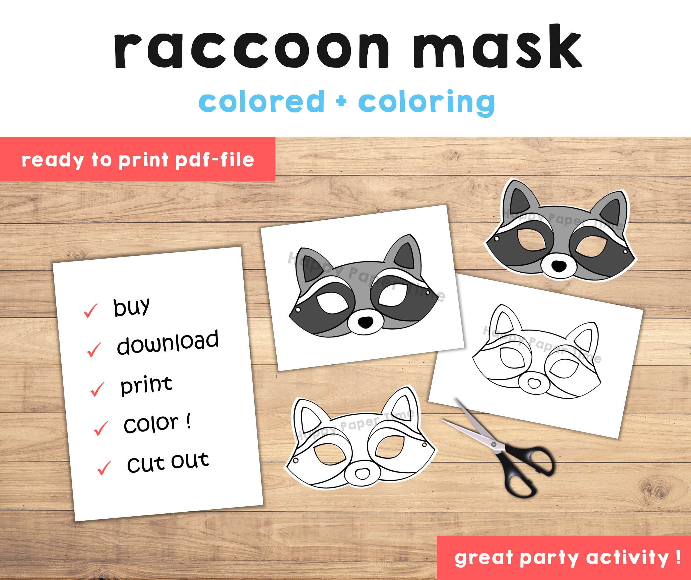 Raccoon mask raccoon costume animal mask printable party favor woodland party printable mask kids party favor printable instant download
