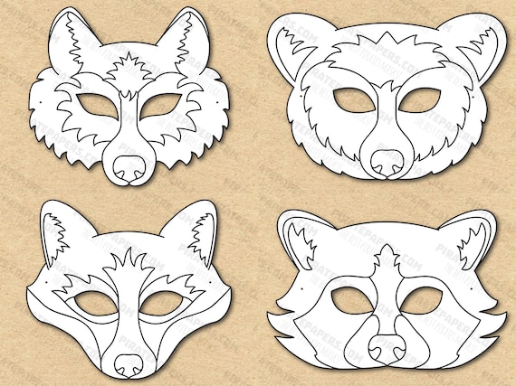 Woodland forest animals masks printable coloring wolf fox bear raccoon paper diy for kids and adults pdf template instant download