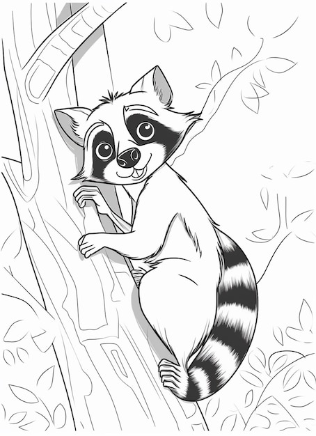 Premium photo coloring pages of a raccoon climbing a tree with a branch generative ai