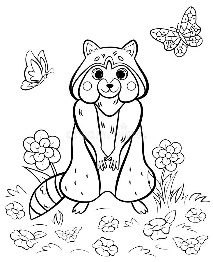 Coloring page outline of cute cartoon standing raccoon with butterflies vector image with nature background stock vector