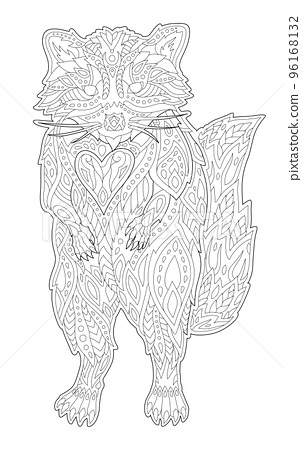 Line art for coloring book with hand drawn raccoon