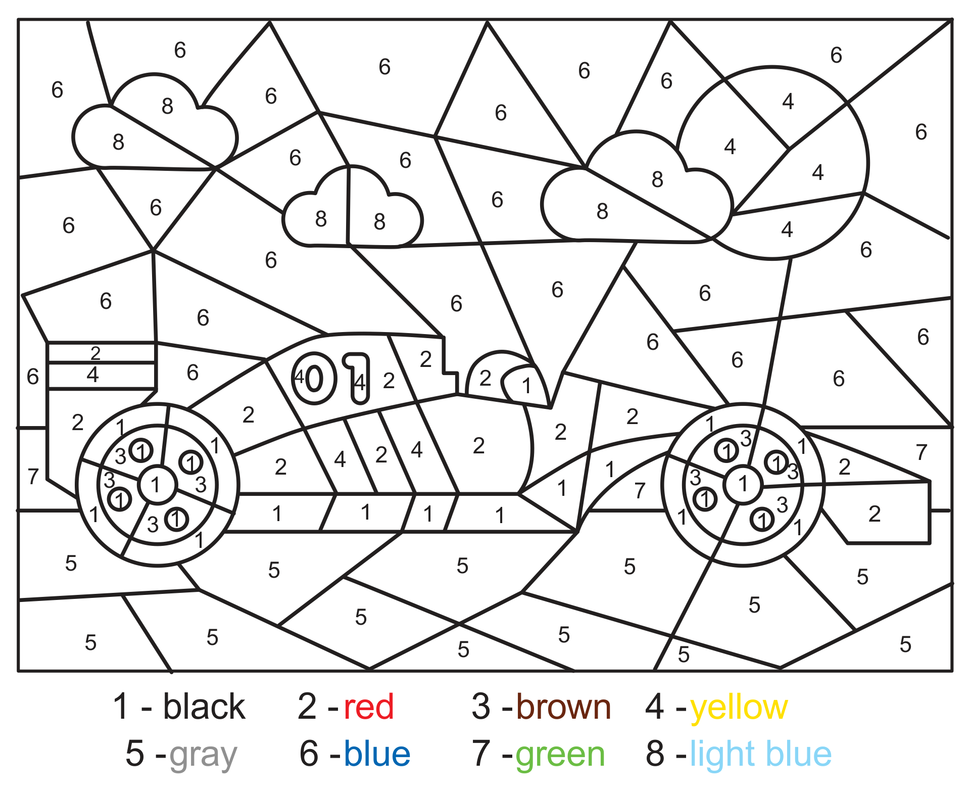 Best car color by number printables pdf for free at printablee math coloring cars coloring pages printable numbers