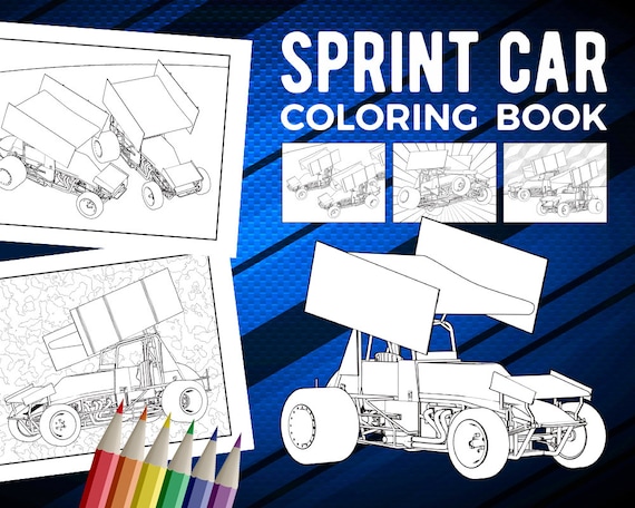 Sprint car coloring book printable pdf racing book for adults winged race car coloring pages dirt track racer instant digital download
