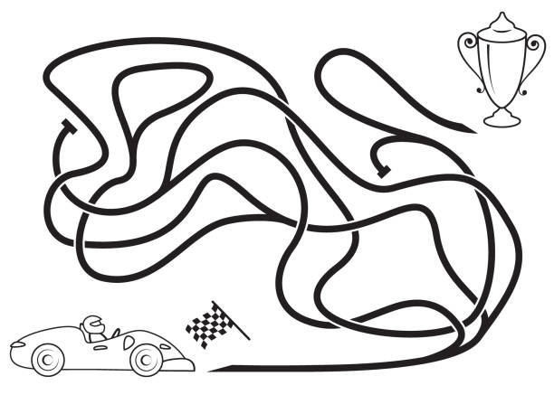 Maze game for kids coloring page ride the race car to the prize stock illustration