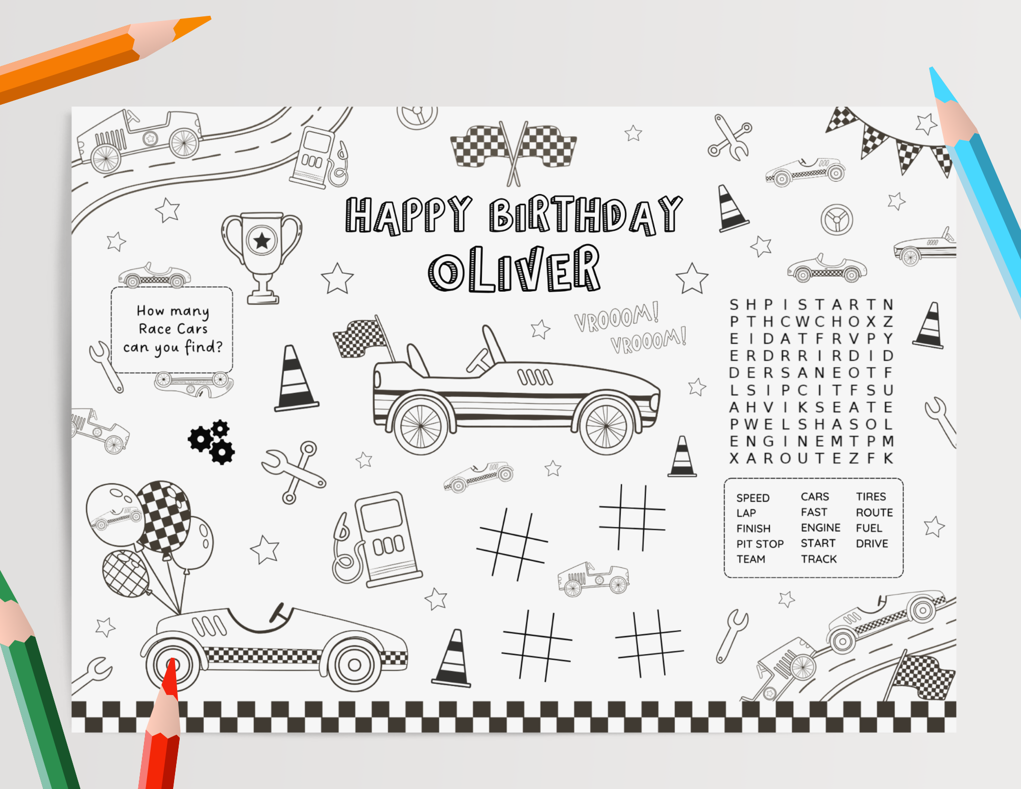 Racing activity coloring page editable template race car