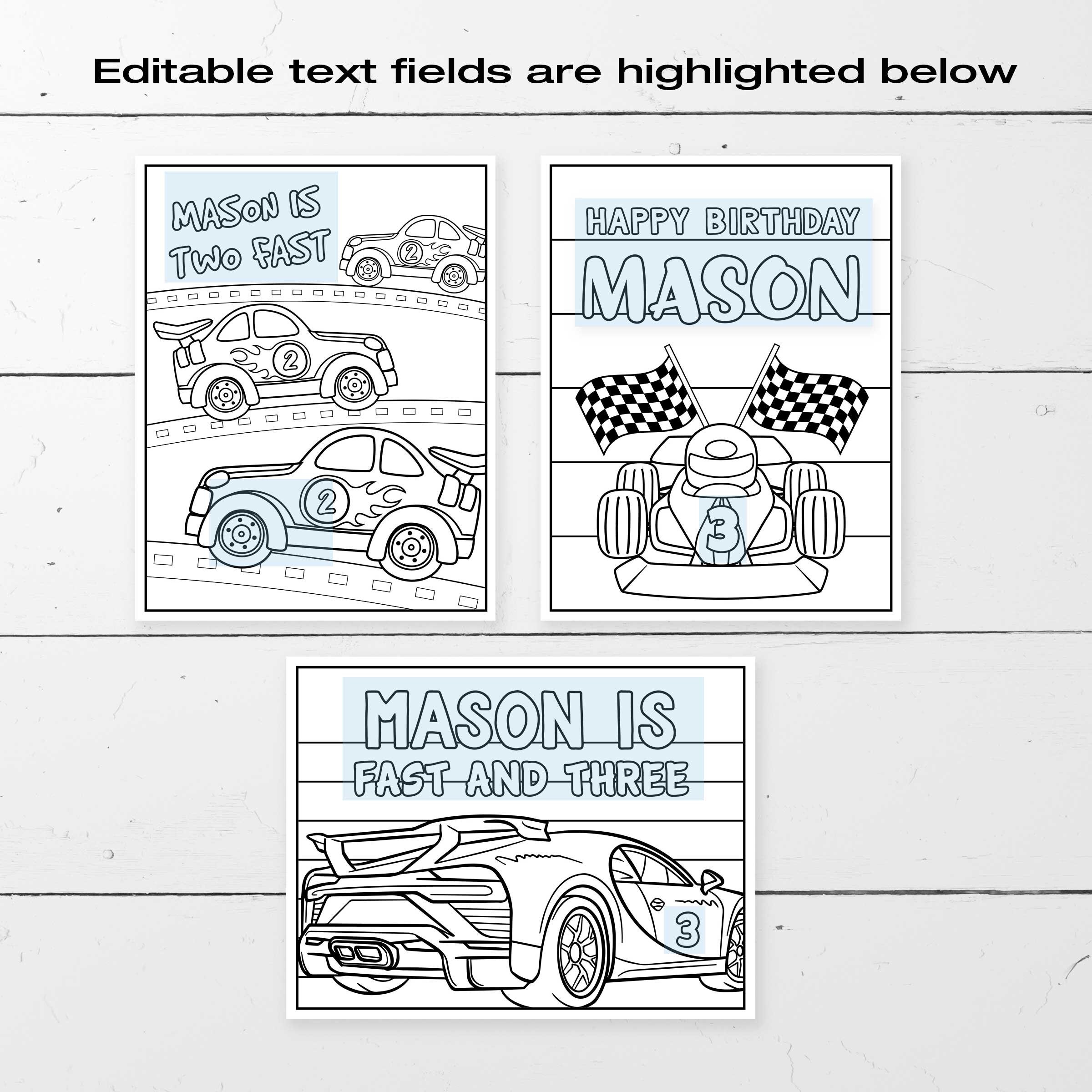 Editable race car party coloring pages race car coloring sheets activity sheets designs x corjl template instant download
