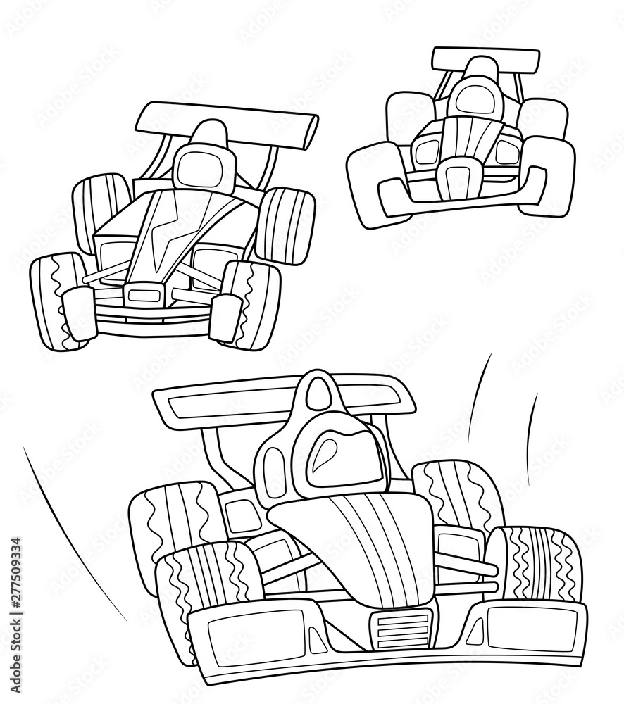 Race cars coloring page black line vector illustration on white background speed car line art formula racing vector