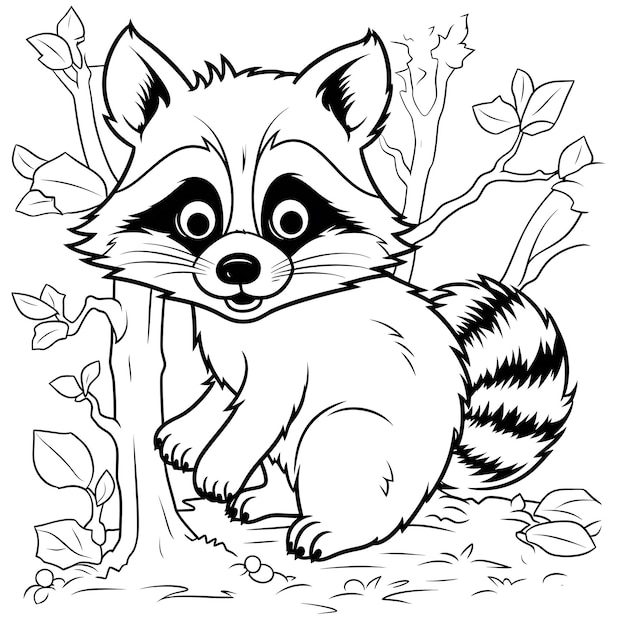 Premium ai image kids coloring book racoon cartoon thick lines black and white white background