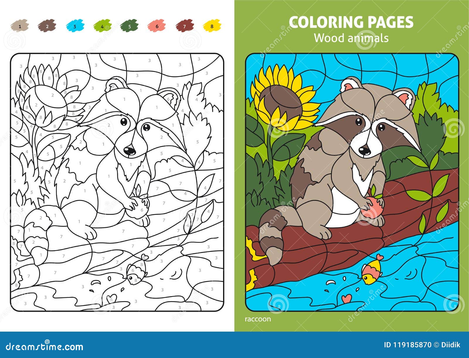 Wood animals coloring page for kids raccoon stock vector