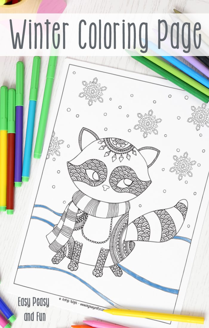 Raccoon winter coloring page for adults and kids