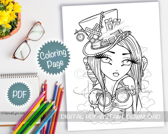 Railroad crossing steampunk girl coloring page pdf download printable big eye hand drawn whimsy girls line art hannah lynn