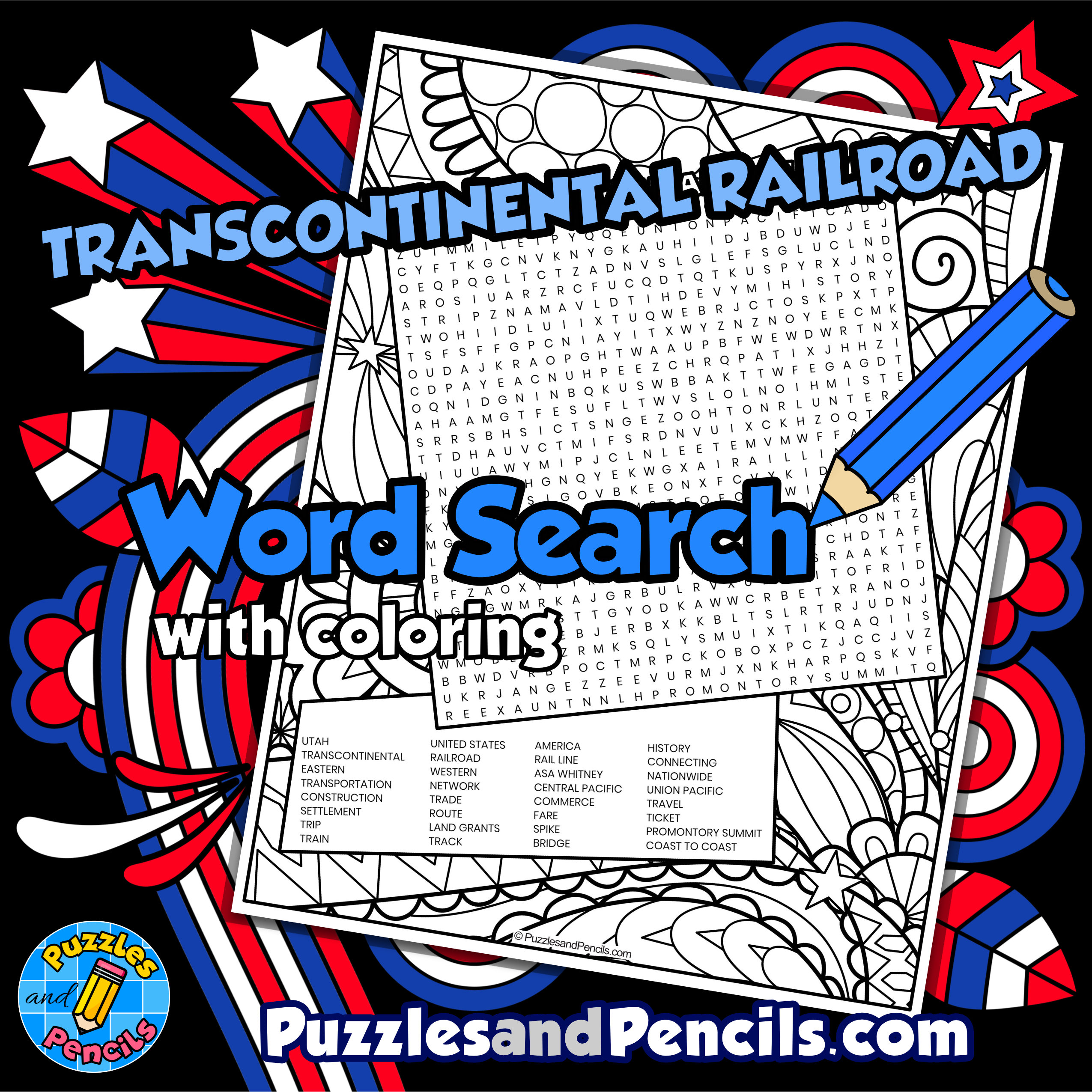 Transcontinental railroad word search puzzle with coloring us history wordsearch made by teachers