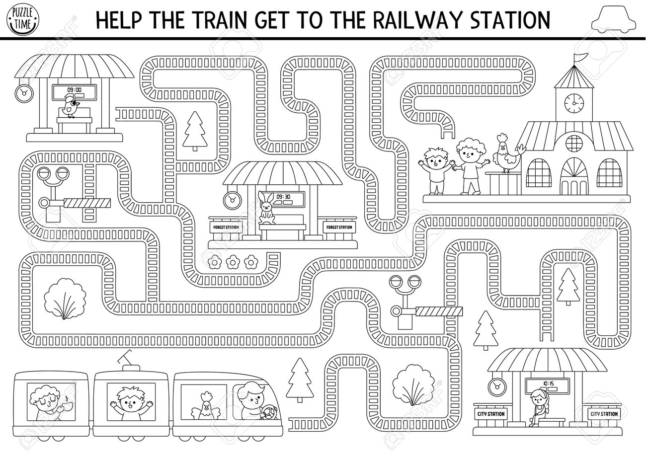 Transportation black and white maze for kids with railroad driver passengers line transport preschool printable activity labyrinth game puzzle coloring page help the train get to railway station royalty free svg cliparts