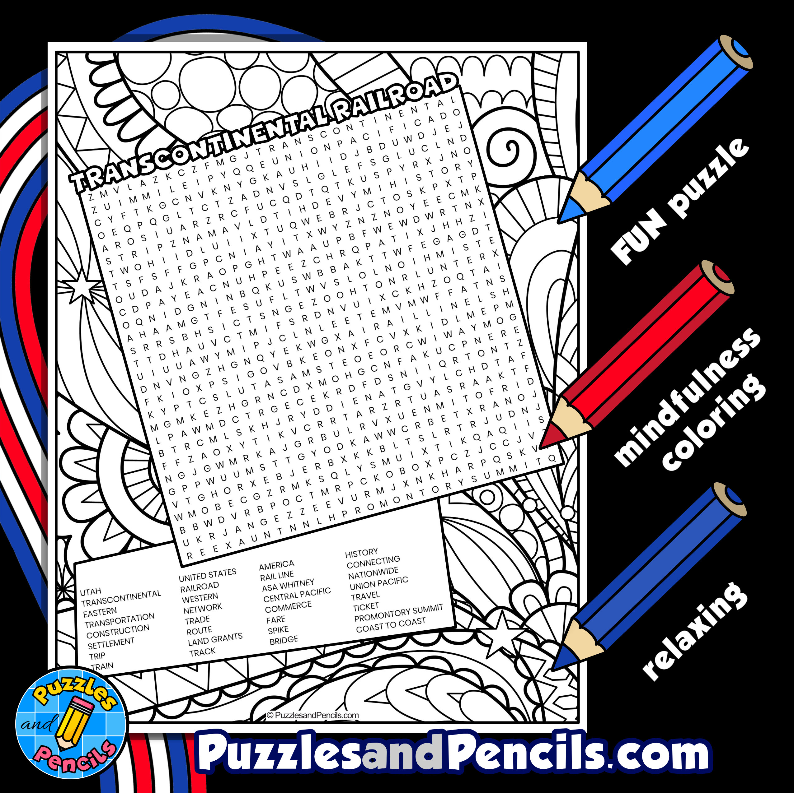 Transcontinental railroad word search puzzle with coloring us history wordsearch made by teachers
