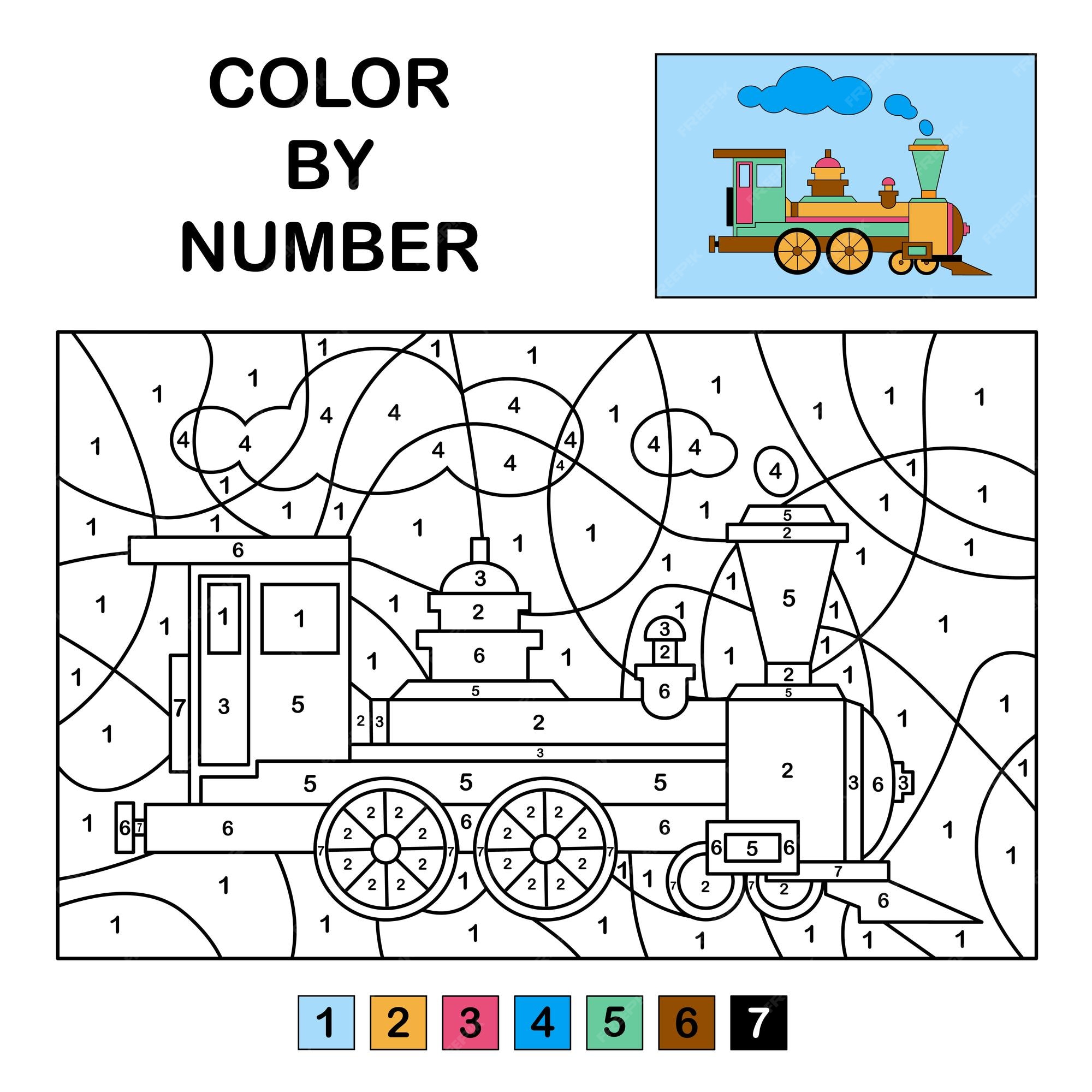 Premium vector colour in the numbers on the train educational game for kids and teens colouring page