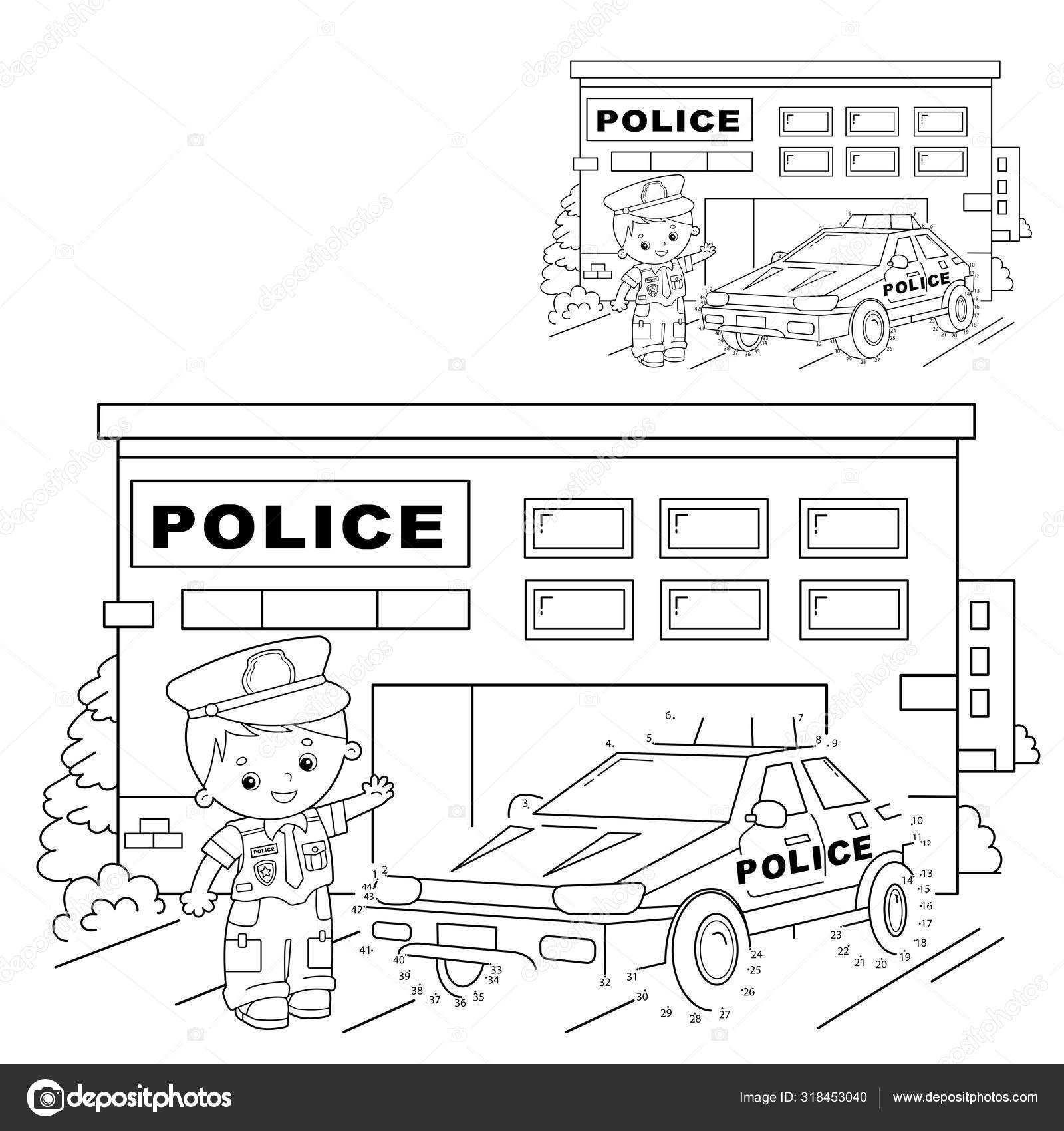 Educational puzzle game for kids numbers gamepolice car coloring page outline of cartoon policeman with car coloring book for children stock vector by oleon