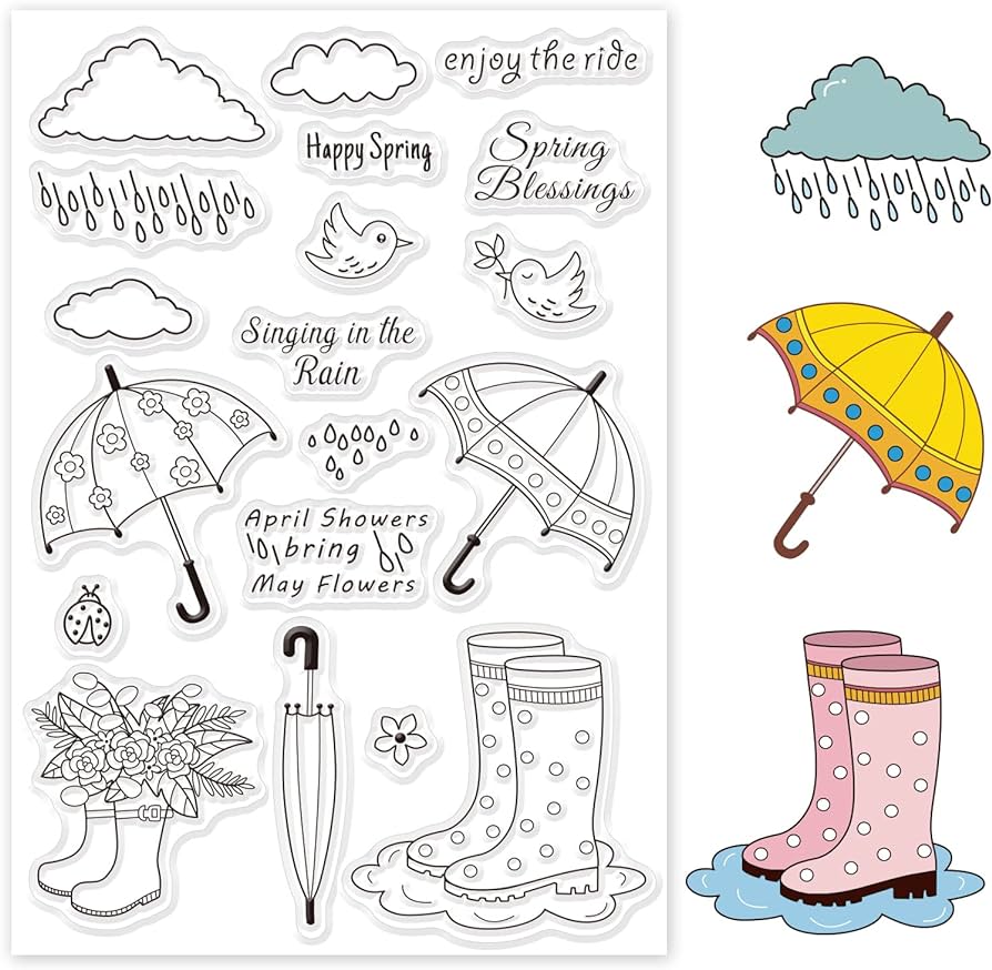 Globleland rain boots and umbrella siline clear stamps cloud raindrops transparent stamps for birthday valentines day cards making diy scrapbooking photo album deration paper craft home kitchen