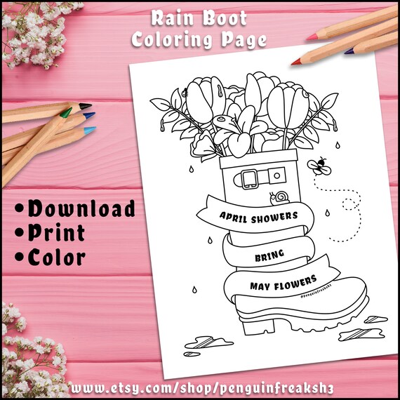 Cute rain boot bouquet quote coloring page springtime saying coloring page digital download relaxing indoor creative kids activity