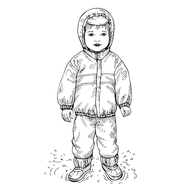 Premium vector sketch of a little boy wearing raincoat and rubber boots hand drawn waterproof costume for children
