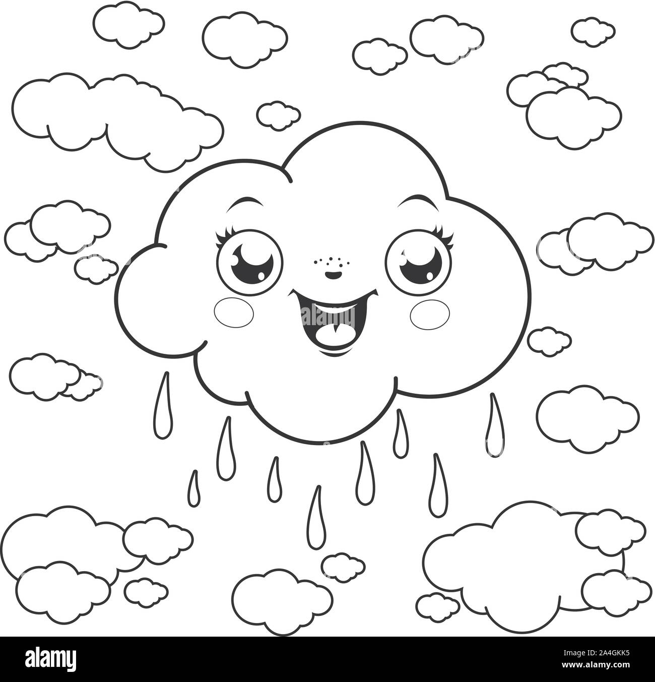 Illustration of clouds raining at the sky vector black and white coloring page stock vector image art