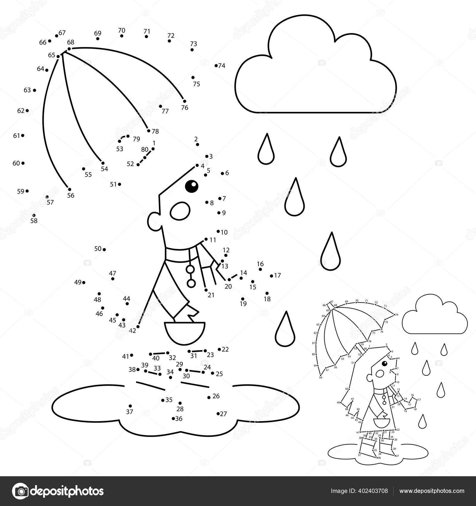 Numbers game kids coloring page outline girl walking rain coloring stock vector by oleon