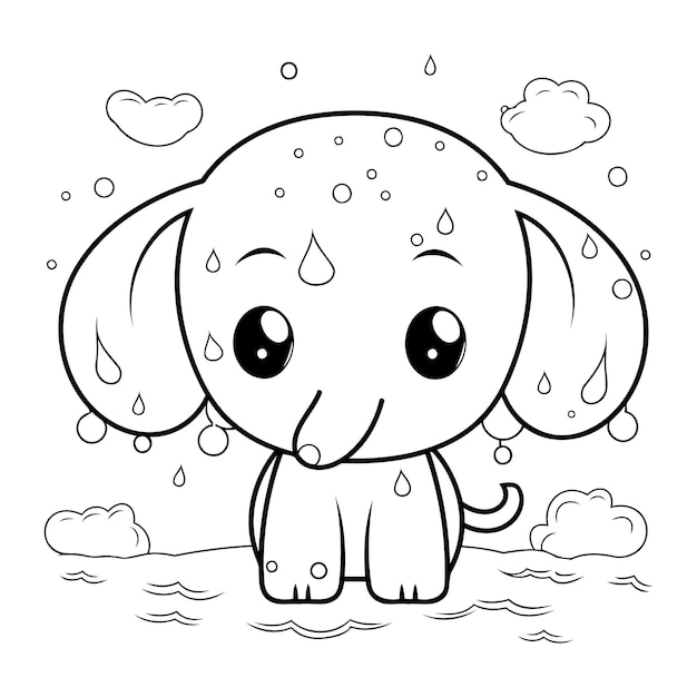 Premium vector coloring page outline of cartoon elephant with rain drops vector illustration