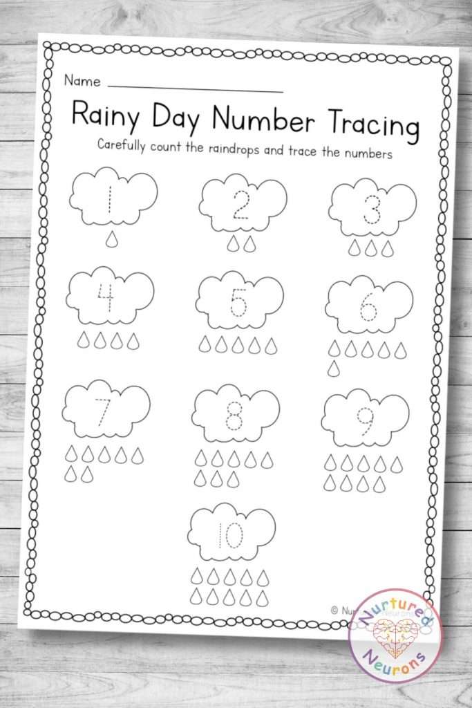 Rainy day number tracing counting and coloring worksheet