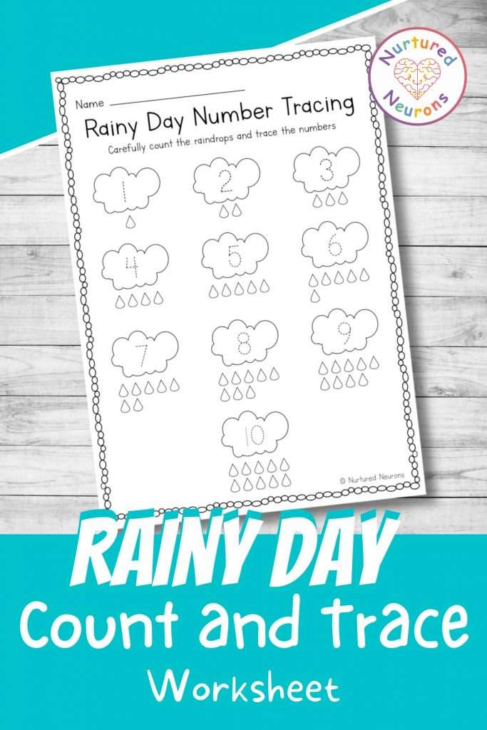 Rainy day number tracing counting and coloring worksheet