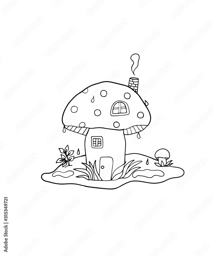 Vector linear illustration of a mushroom house coloring book rain drops plants vector