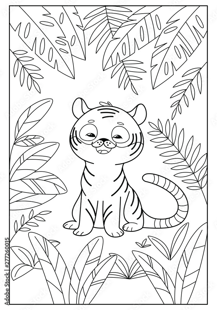 Good tiger sitting in rainforest coloring book for kids cartoon vector illustration for prints posters t