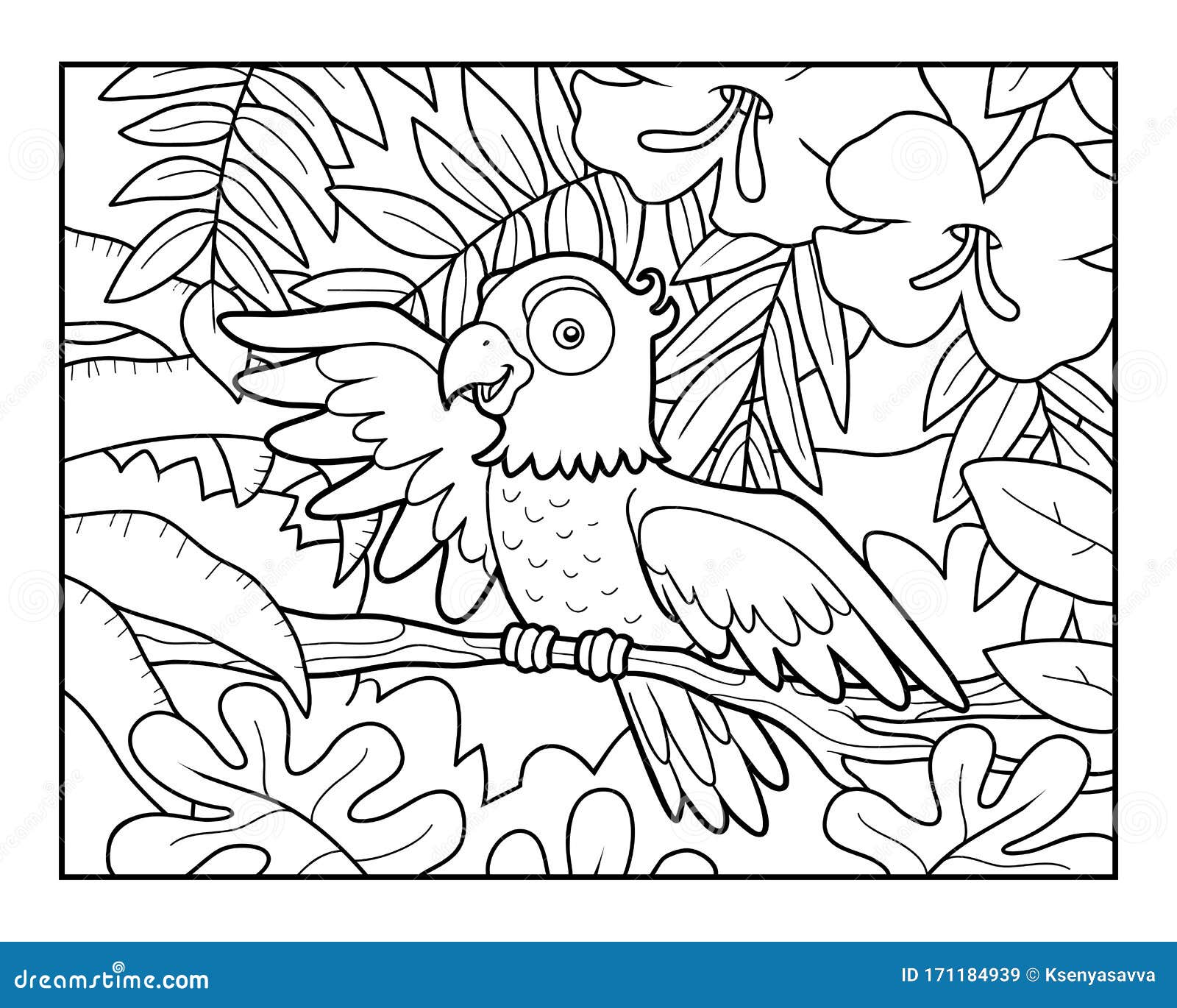 Coloring book for children parrot in the rainforest stock vector