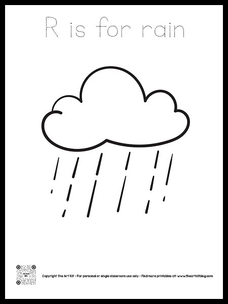 Letter r is for rain coloring page dotted font â the art kit
